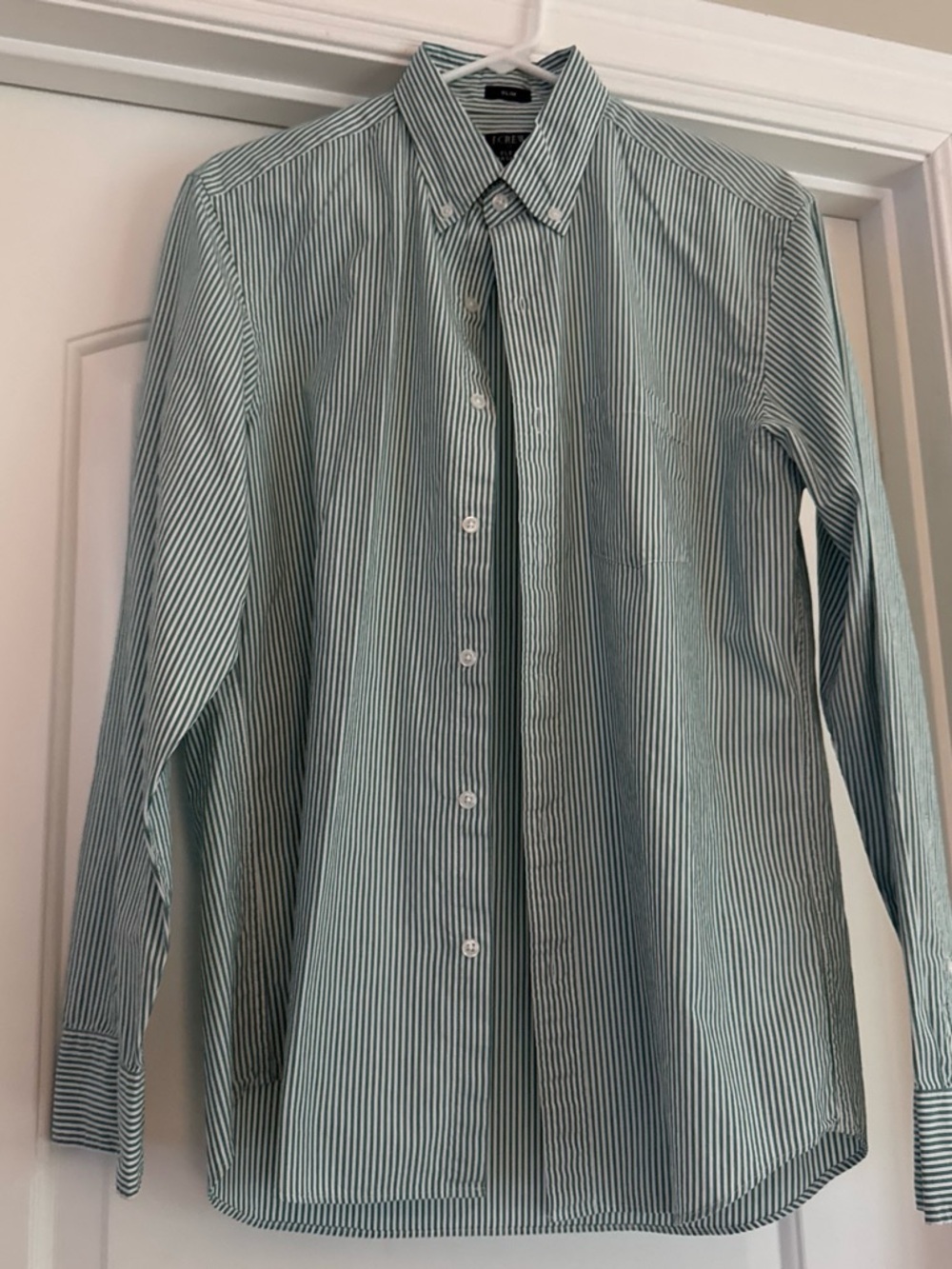J. Crew Green and White Striped Dress Shirt